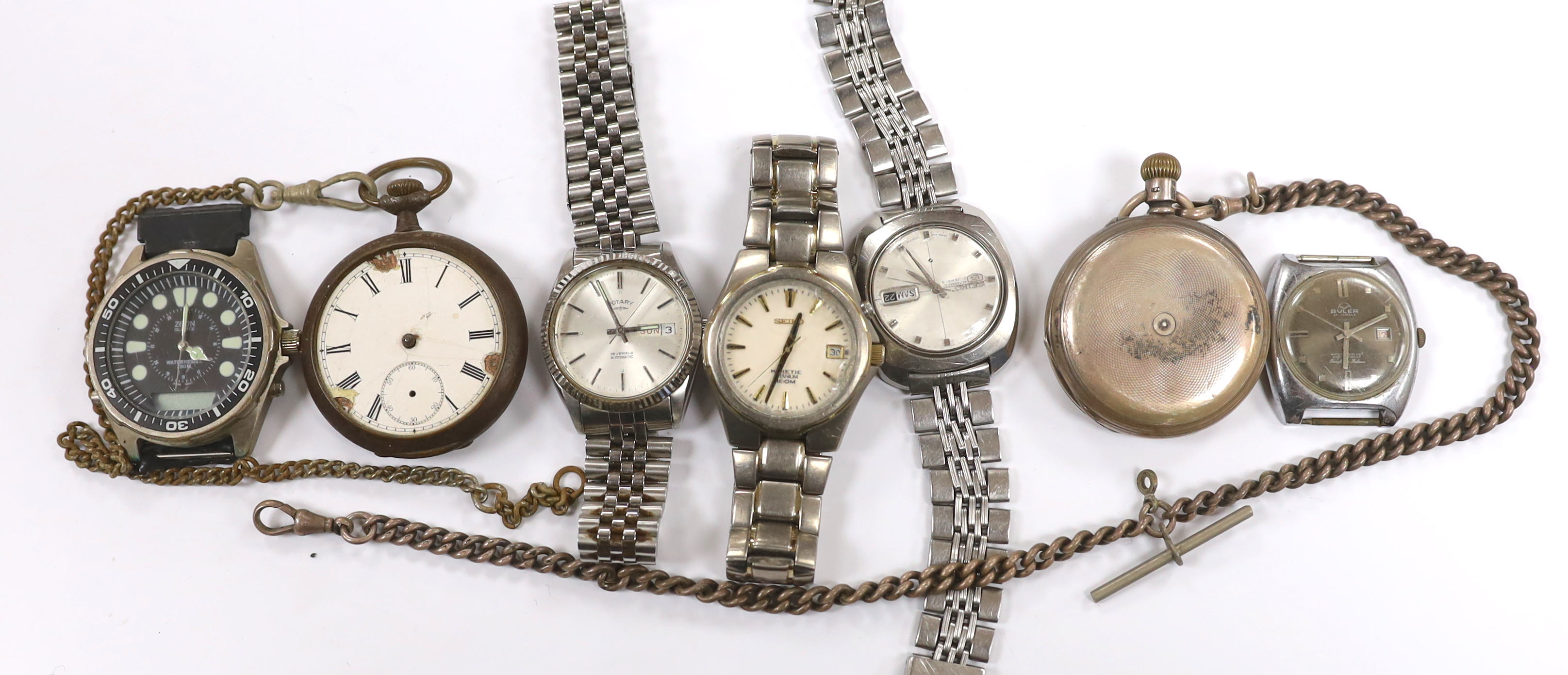 Two gentleman's modern stainless steel Seiko wrist watches, three others including a Rotary and two pocket watches including silver with silver albert.